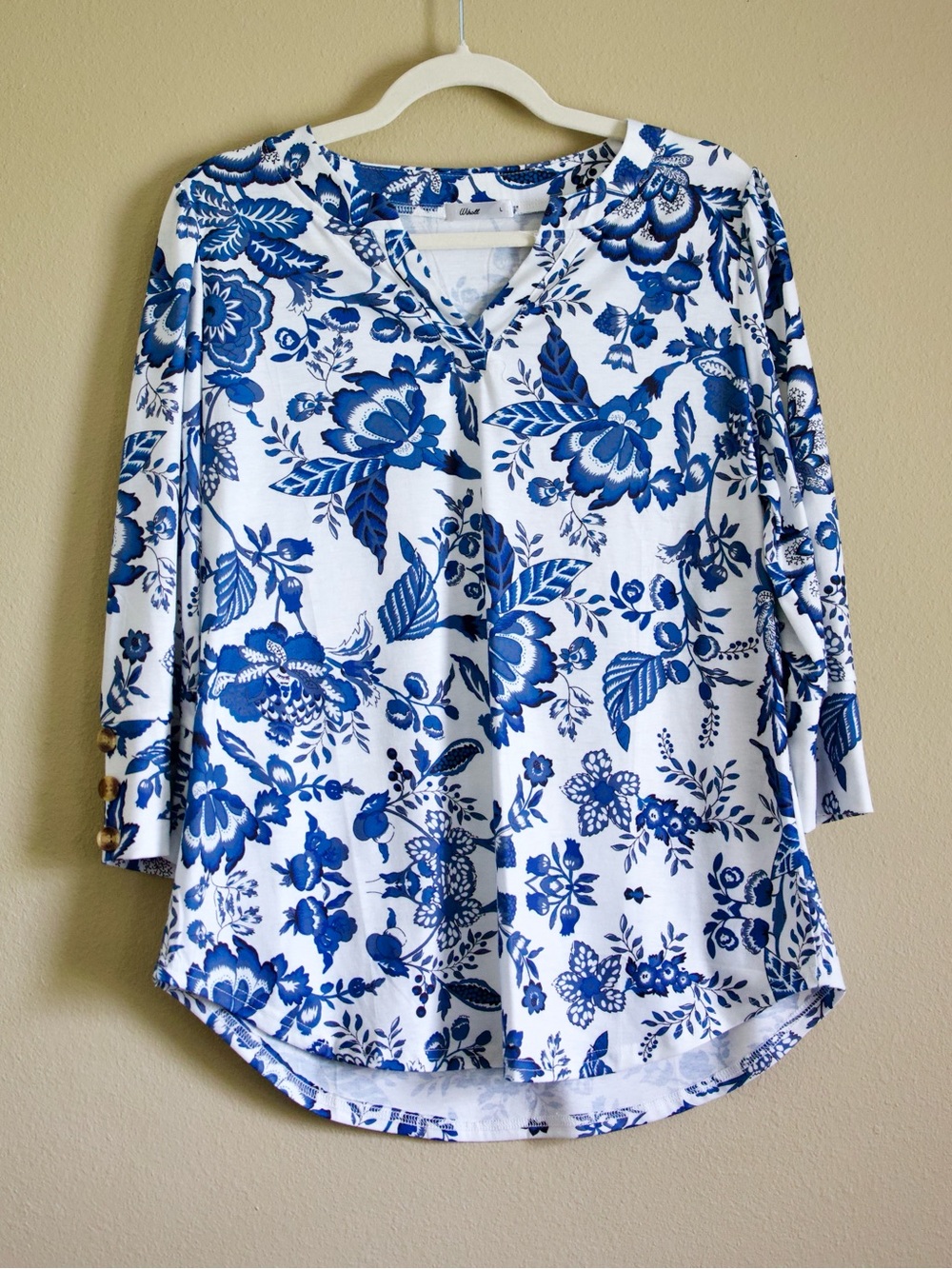 Wiholl Blue White Floral 3/4 Sleeve Tunic Top Large